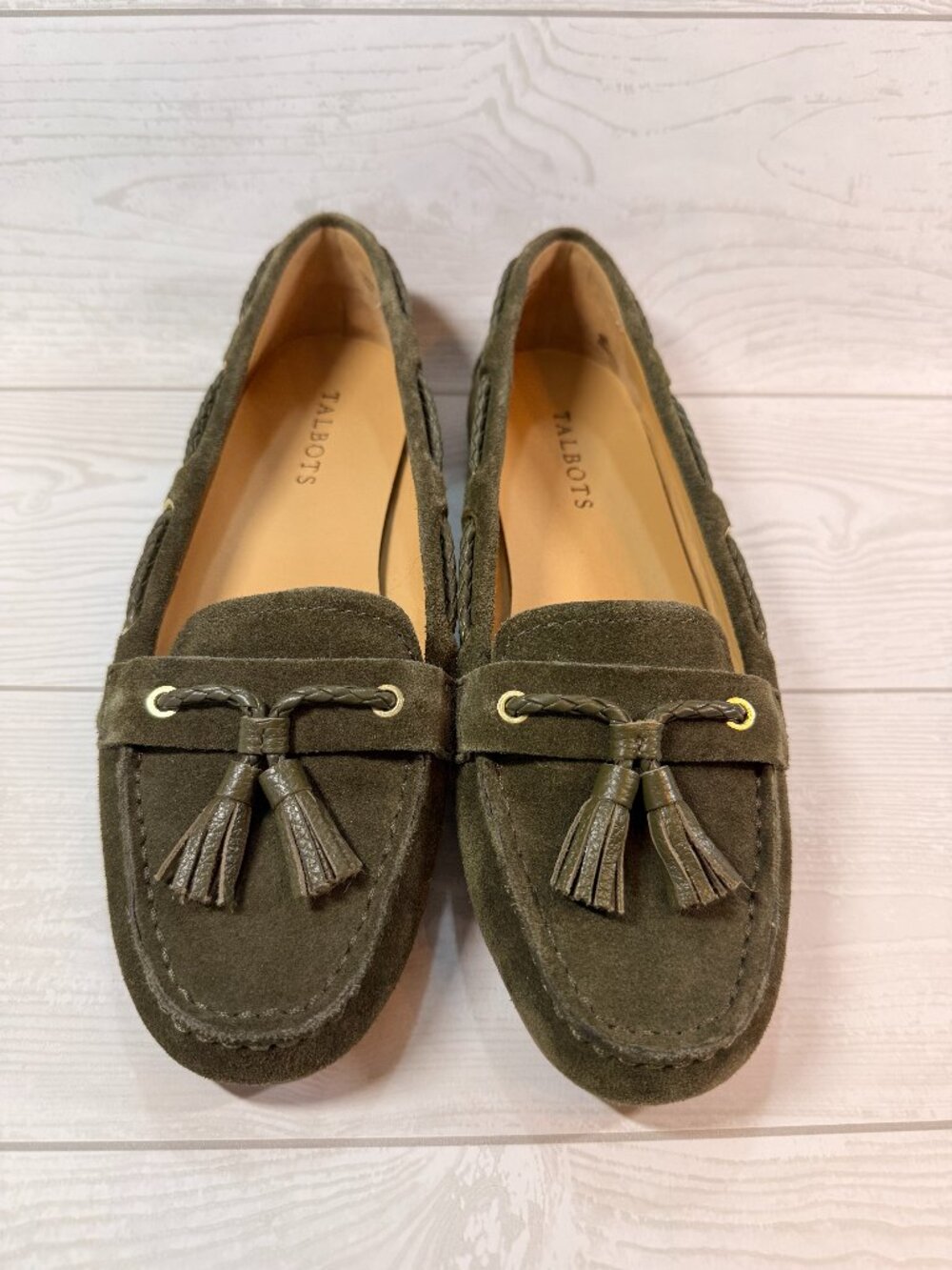Talbots Olive Suede Tassel Loafers Leather Old Money Size 8M